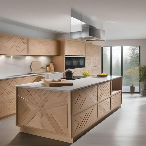 geometric patterns into white oak cabinet design